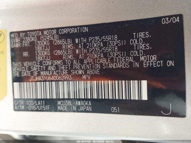 46157597 :رقم المزاد ، JTJHA31U640062993 vin ، 2004 Lexus Rx 330 مزاد بيع