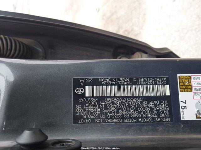 Aukcja sprzedaży 2007 Toyota Prius, vin: JTDKB20U773262687, numer aukcji: 46157598