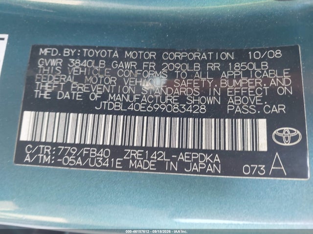 Продаж на аукціоні авто 2009 Toyota Corolla Le, vin: JTDBL40E699083428, номер лоту: 46157612