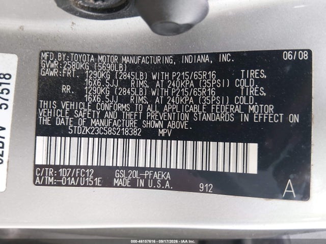 46157616 :رقم المزاد ، 5TDZK23C58S218382 vin ، 2008 Toyota Sienna Le مزاد بيع