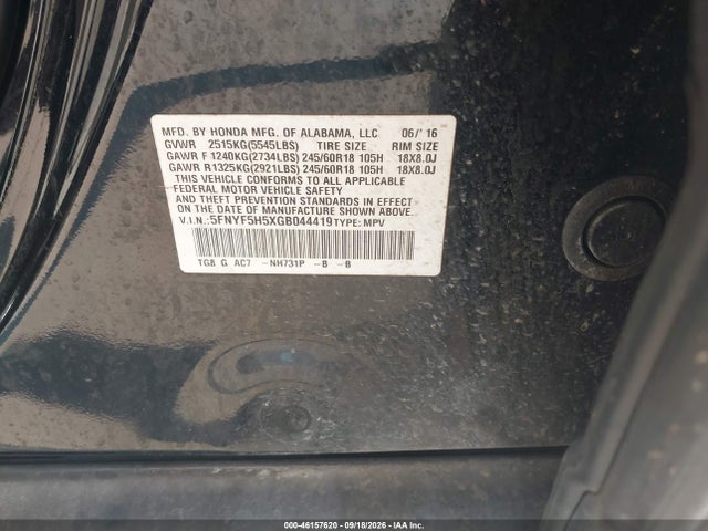 Honda Pilot Ex-l 2016 5FNYF5H5XGB044419 Image 9