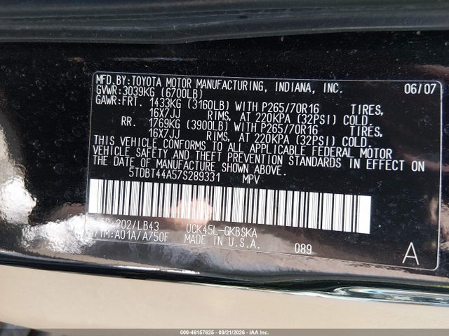 46157625 :رقم المزاد ، 5TDBT44A57S289331 vin ، 2007 Toyota Sequoia Sr5 مزاد بيع