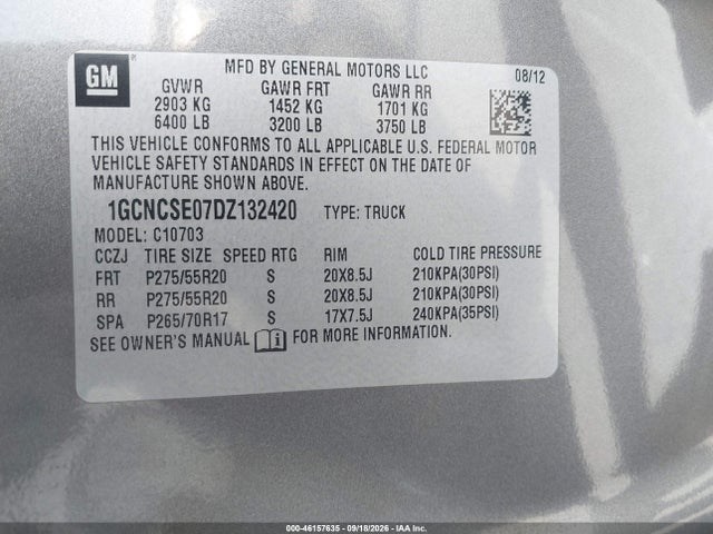46157635 :رقم المزاد ، 1GCNCSE07DZ132420 vin ، 2013 Chevrolet Silverado 1500 Lt مزاد بيع