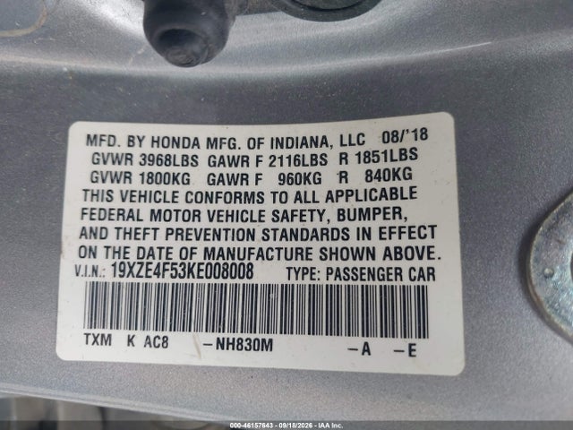 2019 Honda Insight Ex მანქანა იყიდება აუქციონზე, vin: 19XZE4F53KE008008, აუქციონის ნომერი: 46157643