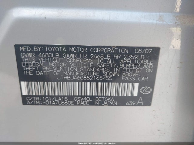 Aukcja sprzedaży 2008 Lexus Es 350, vin: JTHBJ46G882165455, numer aukcji: 46157652