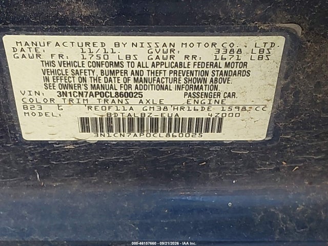 2012 Nissan Versa 1.6 Sv მანქანა იყიდება აუქციონზე, vin: 3N1CN7AP0CL860025, აუქციონის ნომერი: 46157660