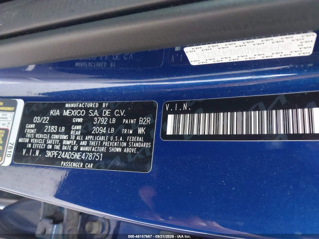 2022 Kia Forte Lxs მანქანა იყიდება აუქციონზე, vin: 3KPF24AD5NE478751, აუქციონის ნომერი: 46157667