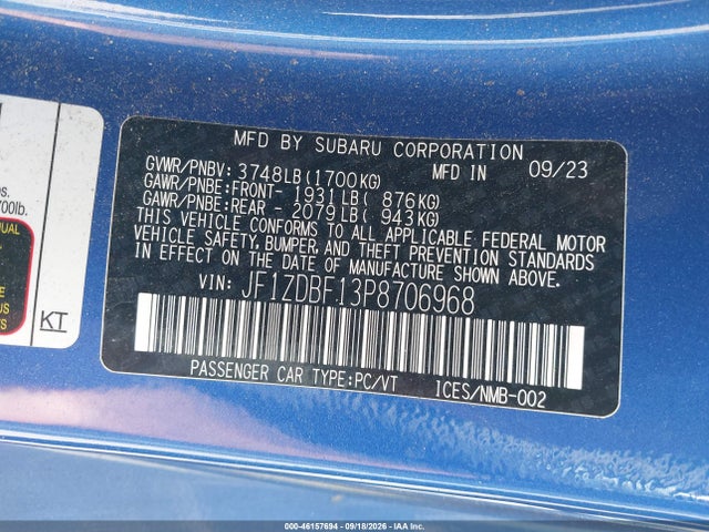 2023 Subaru Brz Limited მანქანა იყიდება აუქციონზე, vin: JF1ZDBF13P8706968, აუქციონის ნომერი: 46157694