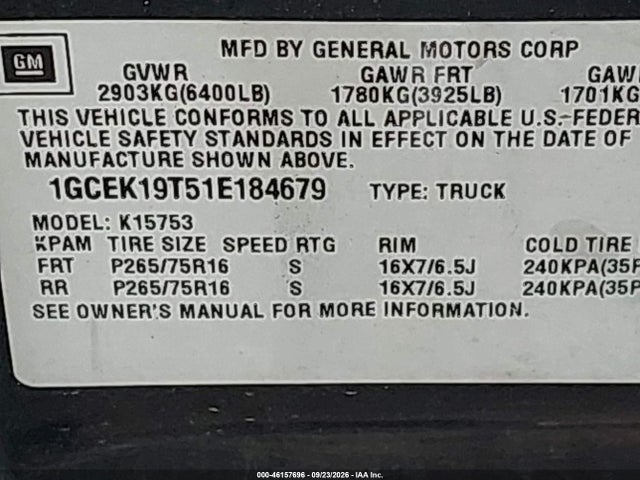 Auction sale of the 2001 Chevrolet Silverado 1500 Lt, vin: 1GCEK19T51E184679, lot number: 46157696