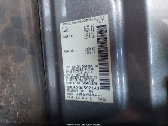 Aukcja sprzedaży 2022 Nissan Maxima Sv, vin: 1N4AA6CV0NC502143, numer aukcji: 46157707