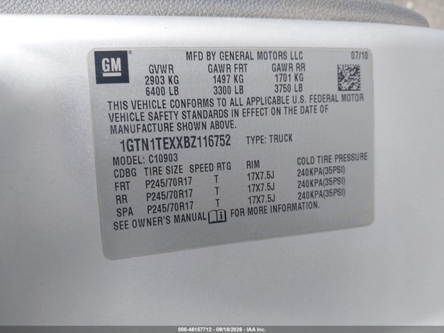 46157712 :رقم المزاد ، 1GTN1TEXXBZ116752 vin ، 2011 Gmc Sierra 1500 Work Truck مزاد بيع