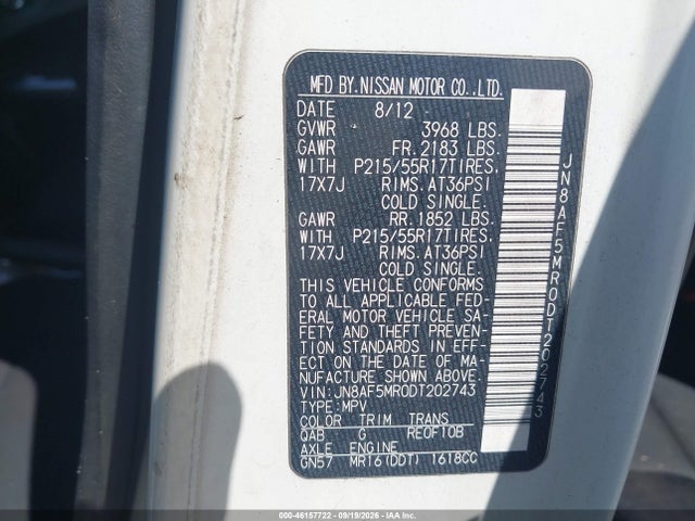 46157722 :رقم المزاد ، JN8AF5MR0DT202743 vin ، 2013 Nissan Juke S مزاد بيع
