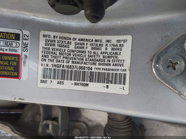 2007 Honda Civic Ex მანქანა იყიდება აუქციონზე, vin: 1HGFA16837L068104, აუქციონის ნომერი: 46157727