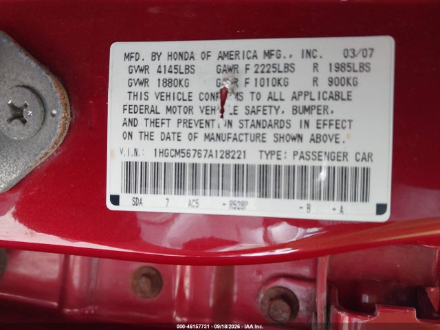 2007 Honda Accord 2.4 Ex მანქანა იყიდება აუქციონზე, vin: 1HGCM56767A128221, აუქციონის ნომერი: 46157731
