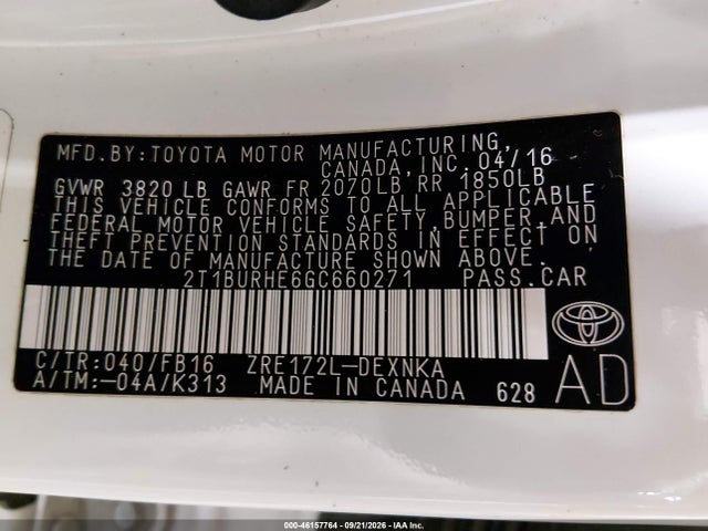 46157764 :رقم المزاد ، 2T1BURHE6GC660271 vin ، 2016 Toyota Corolla Le مزاد بيع