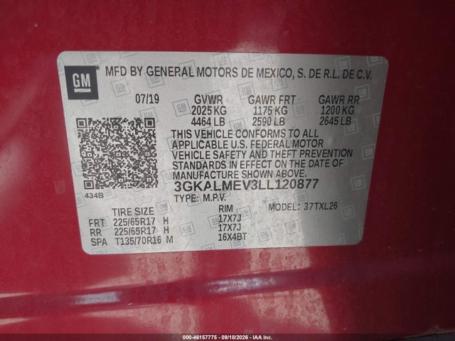 46157775 :رقم المزاد ، 3GKALMEV3LL120877 vin ، 2020 Gmc Terrain Fwd Sle مزاد بيع