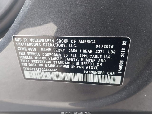 2016 Volkswagen Passat 1.8t Sel მანქანა იყიდება აუქციონზე, vin: 1VWCT7A37GC054682, აუქციონის ნომერი: 46157817