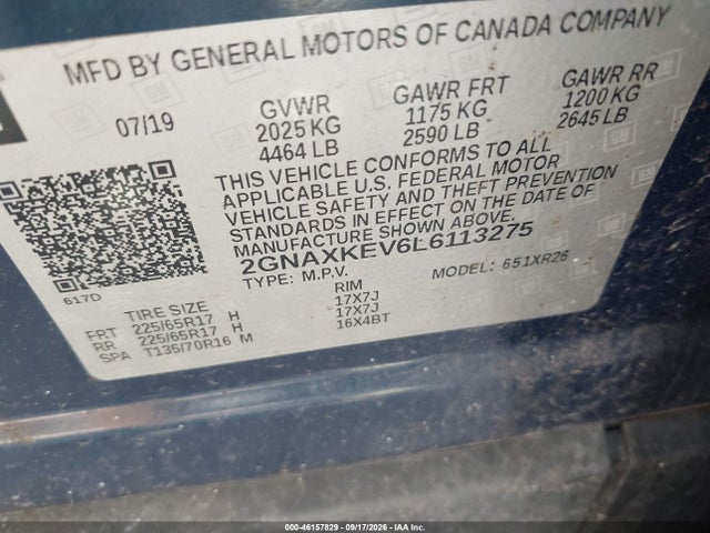 46157829 :رقم المزاد ، 2GNAXKEV6L6113275 vin ، 2020 Chevrolet Equinox Fwd Lt 1.5l Turbo مزاد بيع