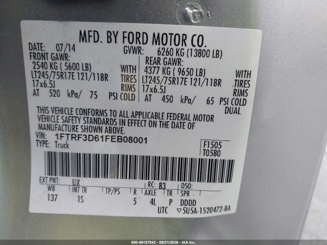 46157842 :رقم المزاد ، 1FTRF3D61FEB08001 vin ، 2015 Ford F-350 Xl مزاد بيع