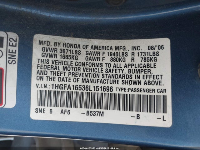 46157850 :رقم المزاد ، 1HGFA16536L151696 vin ، 2006 Honda Civic Lx مزاد بيع