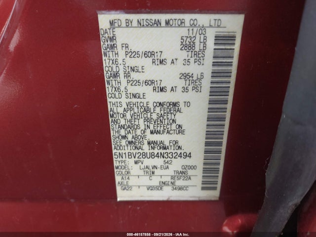 2004 Nissan Quest 3.5 Se მანქანა იყიდება აუქციონზე, vin: 5N1BV28U84N332494, აუქციონის ნომერი: 46157858