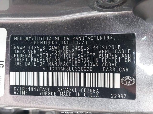 Продаж на аукціоні авто 2020 Toyota Camry Le, vin: 4T1C11AK8LU336620, номер лоту: 46157883