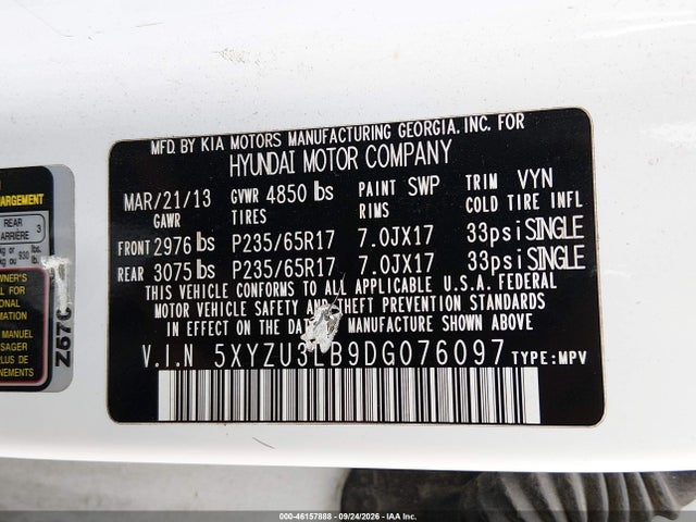 46157888 :رقم المزاد ، 5XYZU3LB9DG076097 vin ، 2013 Hyundai Santa Fe Sport مزاد بيع