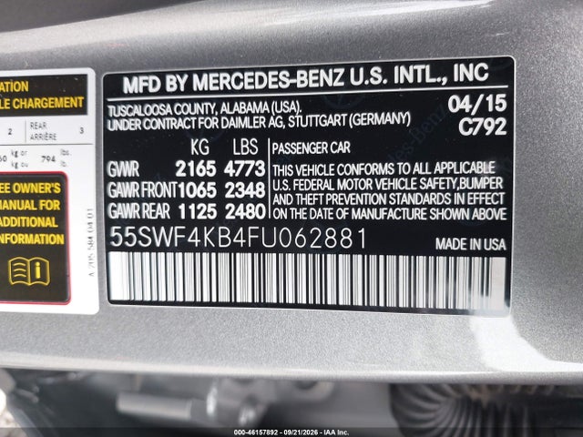 46157892 :رقم المزاد ، 55SWF4KB4FU062881 vin ، 2015 Mercedes-benz C 300 Sport 4matic مزاد بيع