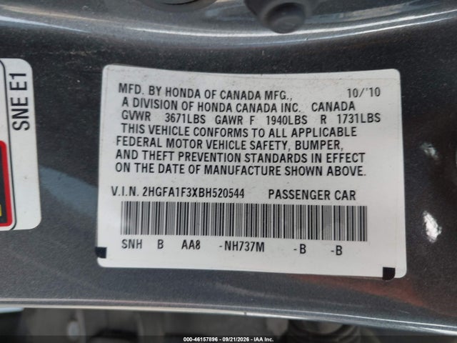 2011 Honda Civic Vp მანქანა იყიდება აუქციონზე, vin: 2HGFA1F3XBH520544, აუქციონის ნომერი: 46157896
