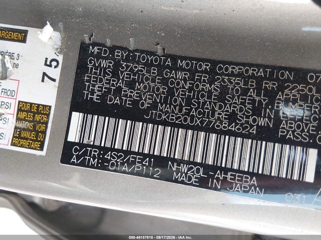 Aukcja sprzedaży 2007 Toyota Prius, vin: JTDKB20UX77684624, numer aukcji: 46157918