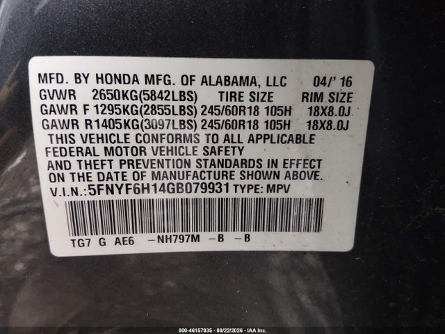 Aukcja sprzedaży 2016 Honda Pilot Lx, vin: 5FNYF6H14GB079931, numer aukcji: 46157935