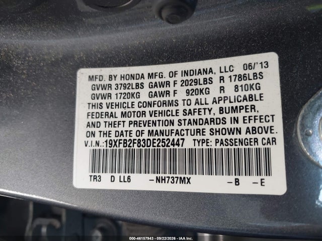 46157943 :رقم المزاد ، 19XFB2F83DE252447 vin ، 2013 Honda Civic Ex مزاد بيع