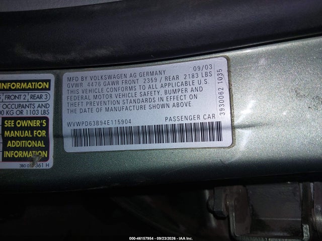 46157954 :رقم المزاد ، WVWPD63B94E115904 vin ، 2004 Volkswagen Passat Gls مزاد بيع