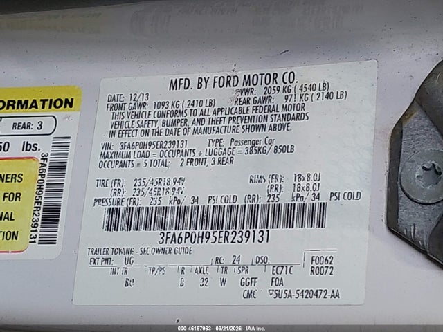 46157963 :رقم المزاد ، 3FA6P0H95ER239131 vin ، 2014 Ford Fusion Se مزاد بيع
