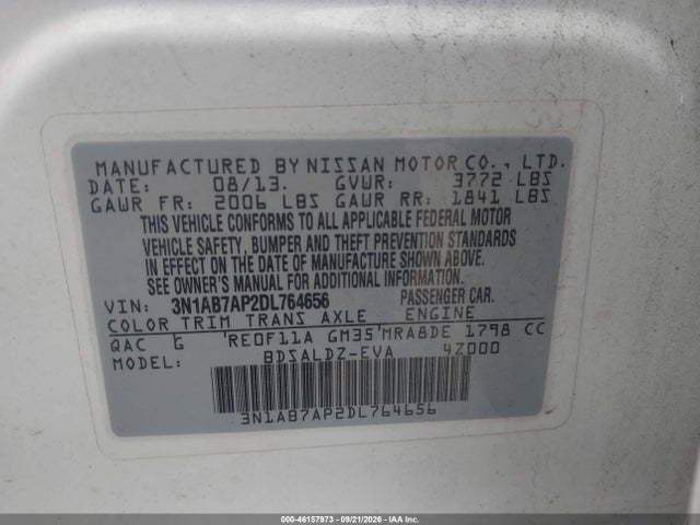 Продаж на аукціоні авто 2013 Nissan Sentra Sv, vin: 3N1AB7AP2DL764656, номер лоту: 46157973