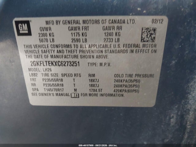46157989 :رقم المزاد ، 2GKFLTEKXC6273251 vin ، 2012 Gmc Terrain Sle-2 مزاد بيع