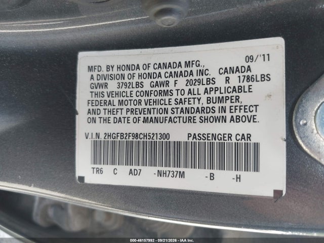 2012 Honda Civic Ex-l მანქანა იყიდება აუქციონზე, vin: 2HGFB2F98CH521300, აუქციონის ნომერი: 46157992