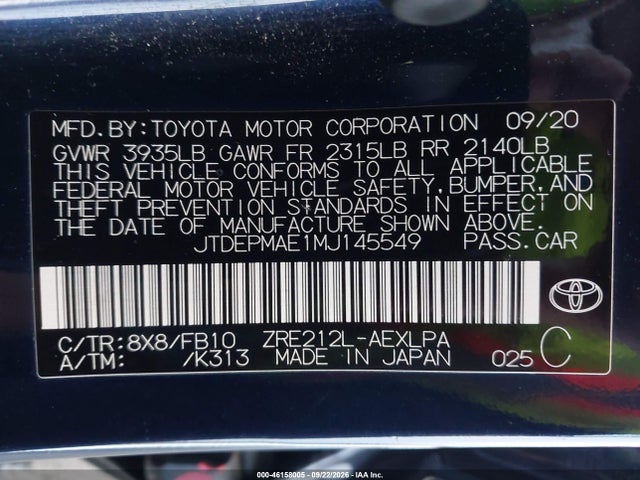 Aukcja sprzedaży 2021 Toyota Corolla Le, vin: JTDEPMAE1MJ145549, numer aukcji: 46158005