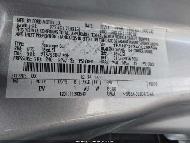 2012 Ford Focus Se მანქანა იყიდება აუქციონზე, vin: 1FAHP3F24CL298599, აუქციონის ნომერი: 46158007