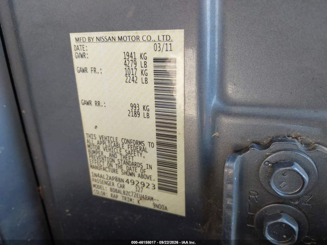 46158017 :رقم المزاد ، 1N4AL2AP8BN492923 vin ، 2011 Nissan Altima 2.5 S مزاد بيع