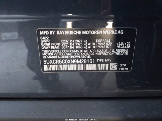 2022 Bmw X5 Xdrive40i მანქანა იყიდება აუქციონზე, vin: 5UXCR6C0XN9M28161, აუქციონის ნომერი: 46158019