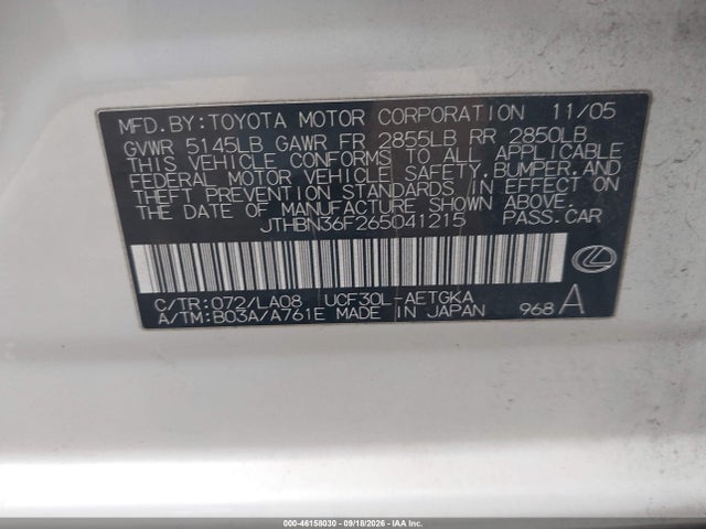 46158030 :رقم المزاد ، JTHBN36F265041215 vin ، 2006 Lexus Ls 430 مزاد بيع