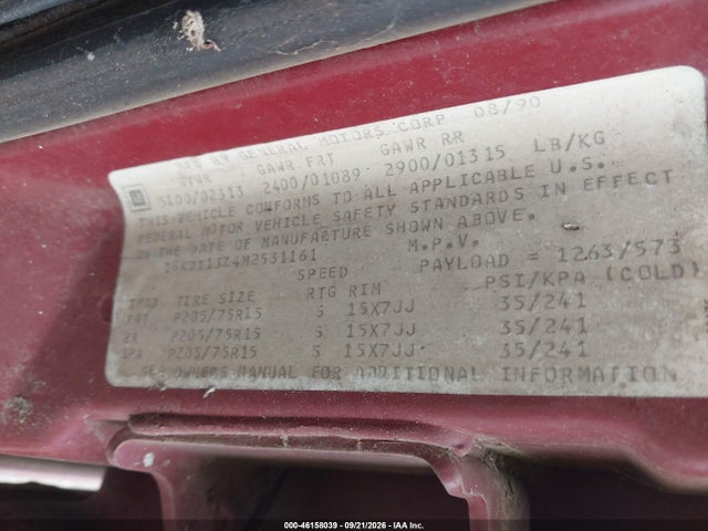46158039 :رقم المزاد ، 1GKDT13Z4M2531161 vin ، 1991 Gmc S15 Jimmy مزاد بيع