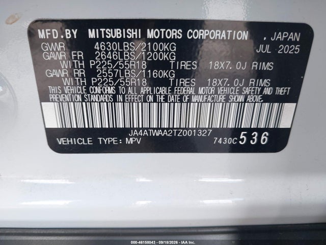 Продажа на аукционе авто 2026 Mitsubishi Eclipse Cross Black Edition S-awc/se S-awc/sel, vin: JA4ATWAA2TZ001327, номер лота: 46158043
