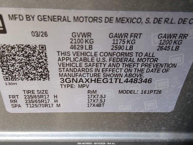 46158053 :رقم المزاد ، 3GNAXHEG1TL448346 vin ، 2026 Chevrolet Equinox Fwd Lt مزاد بيع
