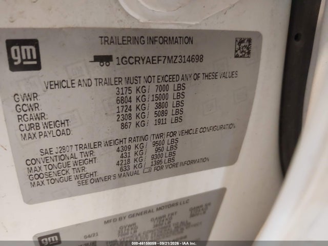 Aukcja sprzedaży 2021 Chevrolet Silverado 1500 Work Truck, vin: 1GCRYAEF7MZ314698, numer aukcji: 46158059