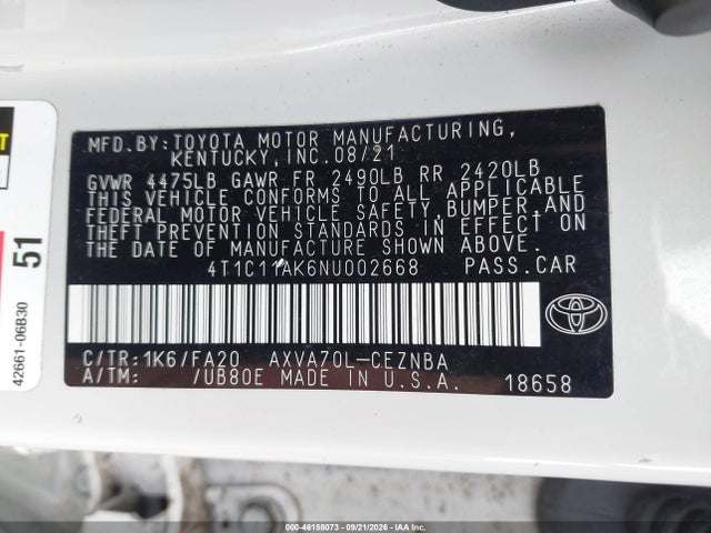 2022 Toyota Camry Le მანქანა იყიდება აუქციონზე, vin: 4T1C11AK6NU002668, აუქციონის ნომერი: 46158073