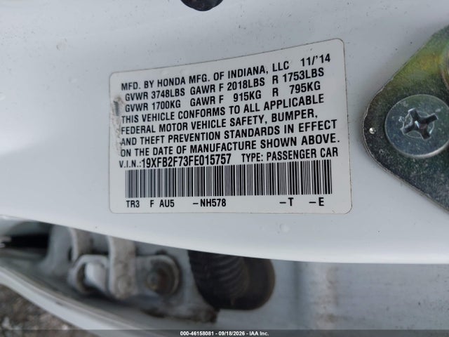 2015 Honda Civic Se მანქანა იყიდება აუქციონზე, vin: 19XFB2F73FE015757, აუქციონის ნომერი: 46158081