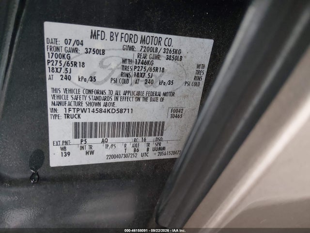 46158091 :رقم المزاد ، 1FTPW14584KD58711 vin ، 2004 Ford F-150 Fx4/lariat/xlt مزاد بيع