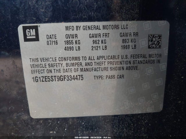 46158096 :رقم المزاد ، 1G1ZE5ST9GF334475 vin ، 2016 Chevrolet Malibu 1lt مزاد بيع